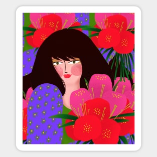 Lovely girl with red flower bouquet, version 1 Sticker